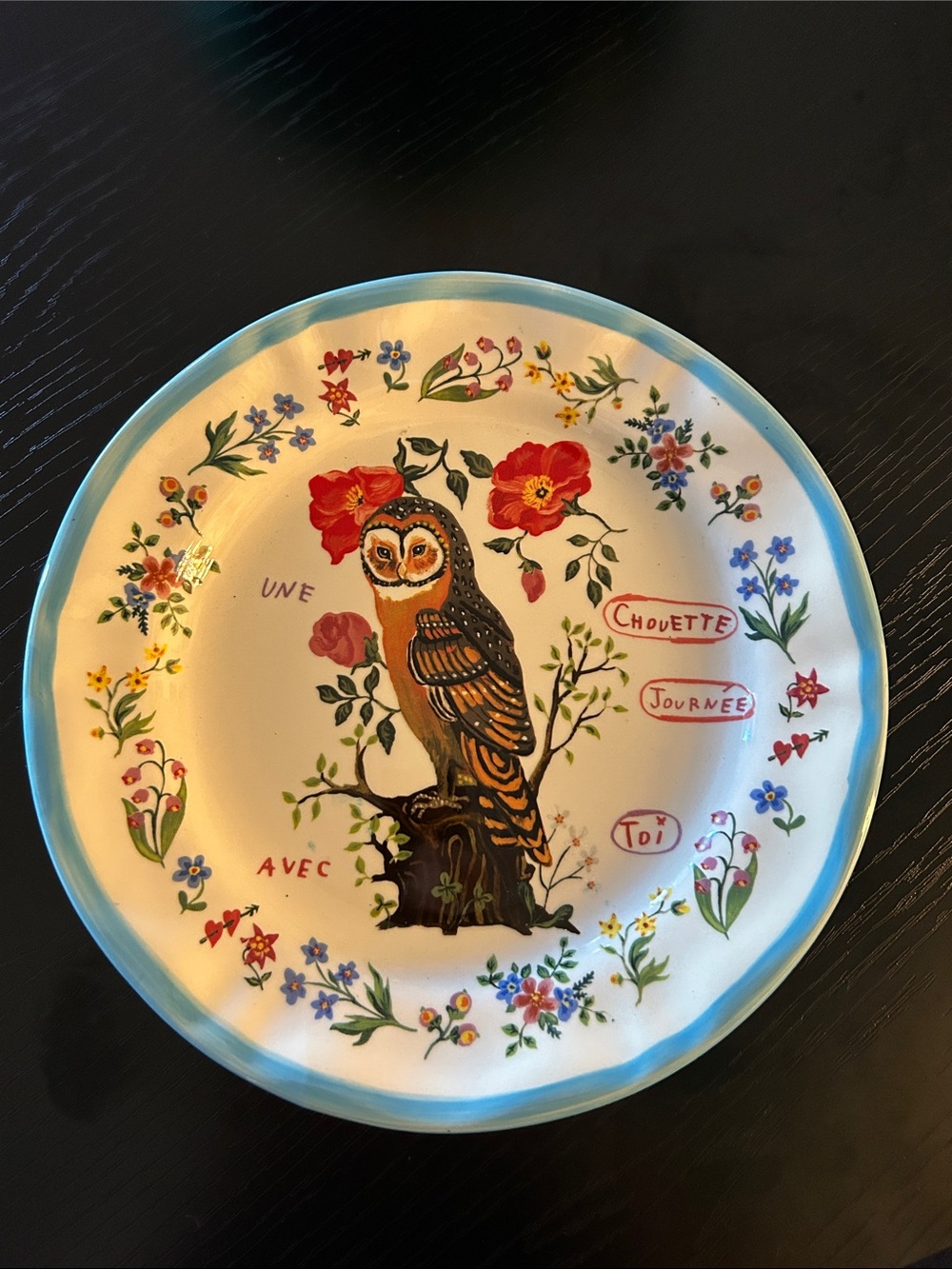 Anthropologie Owl Floral Dinner Plate in Cream, Blue, Red